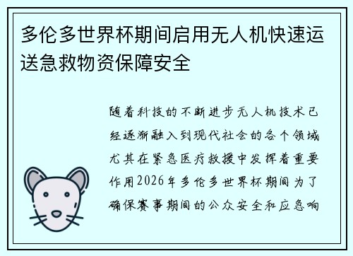 多伦多世界杯期间启用无人机快速运送急救物资保障安全