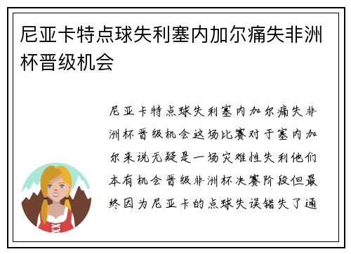 尼亚卡特点球失利塞内加尔痛失非洲杯晋级机会